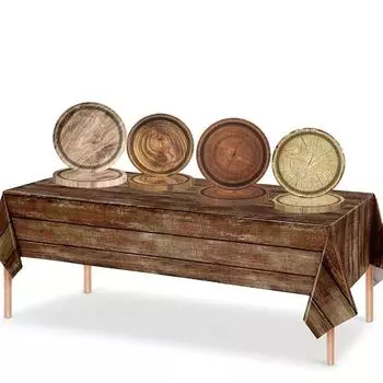 10pcs 7/9 Inch Imitation Wood Grain Disposable Plate Vintage Round Disposable Dish Realistic Paper Food Tray 7 inch