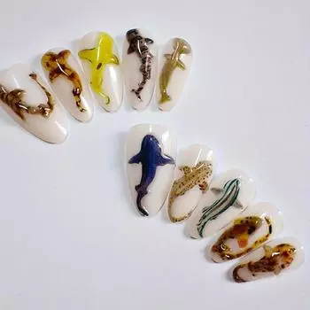 10Pcs Deep Sea Shark Press On Nails Handmade Ocean-Inspired Almond Nail With 3D Octopus Shell Decor Design Fake Nails onesize