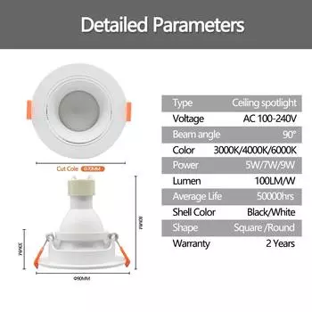10pcs Energy saving Ceiling Spotlights Downlight LED 5W 7W 9W Angle adjustable rotating AC220V 120V indoor lighting white color Warm white 3000K