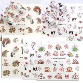 10Pcs Nail Stickers Stunning Visual Effect Various Patterns Non-Fading Removable Long-Lasting Decorative Paper Cartoon Pig Hedgehog Style