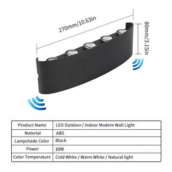 10W LED Wall Light Lamp Radar Motion Sensor AC85-265V Black Waterproof Flicker-free For Outdoor Indoor Home Garden Decoration Natural Light&Radar Sensor