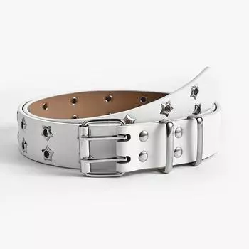 110x3.3cm Y2K Punk Rivet Belts Women Men Star PU Leather Black White Waist Strap Trendy Hollow Waistband Jeans Skirt Decoration белый