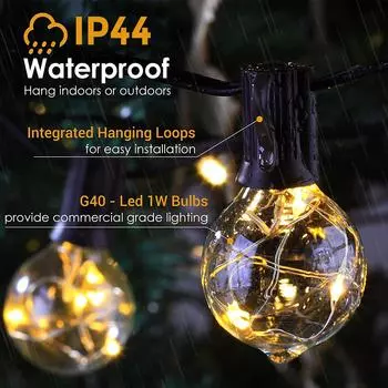 11.7m G40 Outdoor Solar String Lights with 32(30+2) Pcs of Shatterproof Waterproof Bulbs, Hanging Lamp for Backyard Party Deco Solar and USB charge