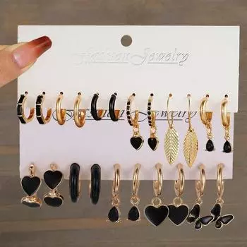 11 Pairs Of Ladies Earrings, Simple Temperament Ladies Holiday Wedding Wear Black Leaf Earrings 58995015749901HB