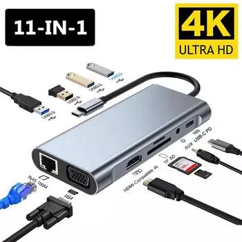 11 в 1 USB C HUB 4K 30 Гц Type C на RJ45 HDMI-совместимый USB 3.0 VGA адаптер Type C HUB док-станция PD 87 Вт USB C разветвитель для MacBook Pro Air 11-IN-1