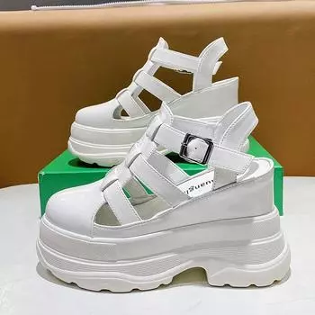 11CM High Platform Sandals New Summer Hidden Heel Casual Mules Shoes Female Outside Beach Slipper Breathable Chunky Sneakers 35 чёрный