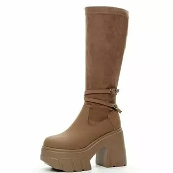 11CM Microfiber Spring Platform Wedge Knee High Autumn Women Boots British Boots Cloth Streth Fabric Leather Ankle Shoes 34 коричневый