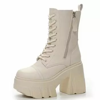 11CM Microfiber Women Boots Platform Wedge Knee High Fashion British Boots ZIP Leather Ankle Spring Synthetic Autumn Shoes 34 бежевый