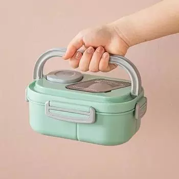 1200ml Portable Double-layer Lunch Box with Tableware Sealed Food Storage Containers Wheat Straw Carrying Handle Bento Lunchbox зелёный
