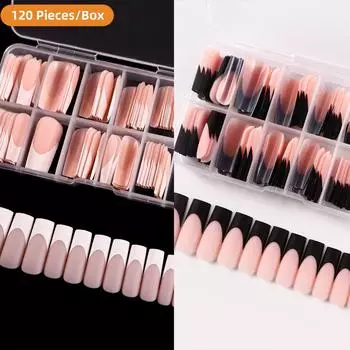 120 шт. в коробке, накладные ногти, французские типсы, глянцевый матовый, черный, белый, средний гроб, носимые с полным покрытием, накладные ногти оптом