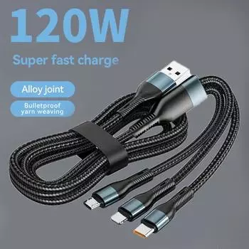120 Вт 5A 3 в 1 USB-кабель для быстрой зарядки Type C Micro USB-кабель для передачи данных для iPhone 16 15 Realme Samsung Huawei P50 Телефон USB-кабель для зарядки 1.2m чёрный