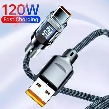 120 Вт 6A USB Type C - Type C кабель для быстрой зарядки USB USB C кабель для передачи данных со светодиодным дисплеем для Xiaomi Samsung Huawei 1M