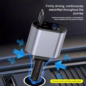 120 Вт PD+USB Type C Автомобильное быстрое зарядное устройство с 2 выдвижными кабелями Автомобильное зарядное устройство для телефона Вольтметр 4 в 1 Адаптер питания для iPhone iPad чёрный