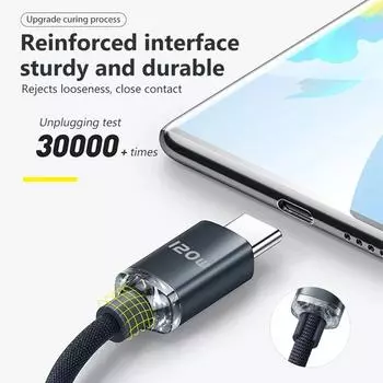 120 Вт USB Type C - USB C кабель для iPhone 15 Pro Max PD быстрая зарядка шнур данных для Samsung Xiaomi 14 Oneplus 12 POCO X6 OPPO CC 0.25m чёрный