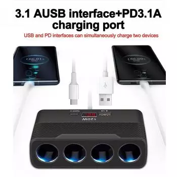 120W 4 Ports Cigarette Lighter Splitter USB+PD Phone Charger with Voltmeter 12V Power Adapter For DVR GPS Heated Seat Cushion