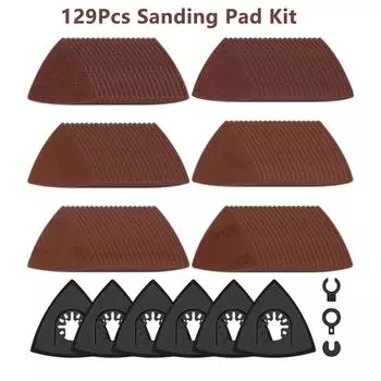 129Pcs Sanding Pad Kit Triangular Angle Grinder Conversion Head Adapter 60-320 Grit Triangle Hook Loop Sandpaper for Wood/Metal коричневый