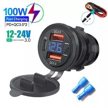12/24 В три порта USB зарядное гнездо USB-C PD и двойной QC 3.0 для автомобиля мотоцикла с вольтметром и выключателем питания автомобильное зарядное устройство