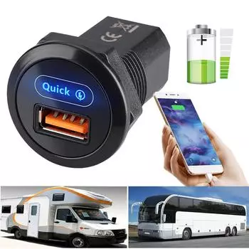 12-24 В USB-панельное мобильное зарядное устройство со светодиодной подсветкой для транспортных средств - адаптер быстрой зарядки для автофургонов, автобусов, грузовиков чёрный