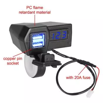 12-24V Motorcycle USB Chargers With Voltmeter Waterproof Cover Splitter Dual Ports With 25A Fuse 5V 3.6A Quick Charge 3.0 красный