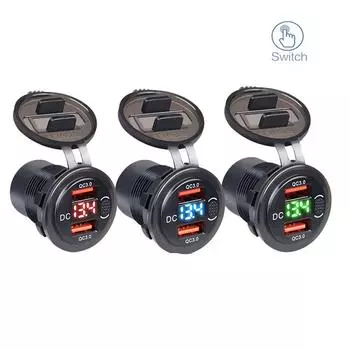 12 24V QC3.0 Dual USB Car Motor Charger Socket Waterproof With Voltmeter Switch Fast Quick Charge Adapter Car Accessories