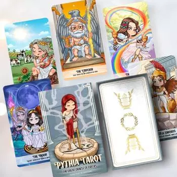 12*7 см Pythia Tarot Водонепроницаемое УФ-покрытие | Уникальная инди-колода Таро для начинающих | Греческие боги | Милый сказочный мультяшный | Фольга Золотой Край