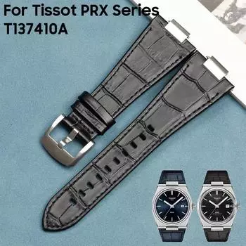 12 мм для Tissot PRX Series T137410A T137410 Серебряная пряжка-бабочка + натуральная кожа изогнутый конец ремешок для часов браслет для T137 чёрный