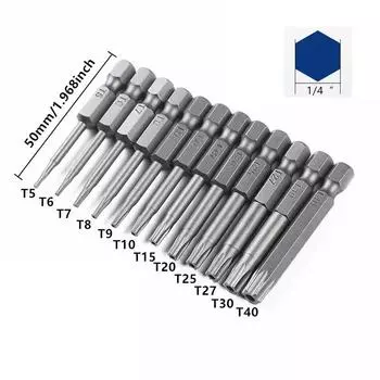 12 шт. 50 мм 1/4 шестигранный хвостовик отверстия безопасности Torx биты - T5 до T40 - идеально подходят для проектов DIY 12 шт. 50 мм 1/4 шестигранный хвостовик отверстия безопасности
