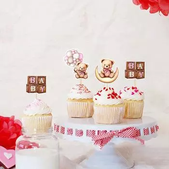 12Pcs Cute Cartoon Blue Pink Bear Birthday Cupcake Insert Birthday Party Cake Decoration Decoration