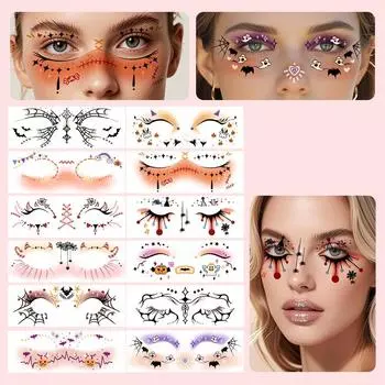 12pcs Disposable Halloween Face Tattoo Portable Long-acting Cheek Temporary Stickers Terrifying Waterproof