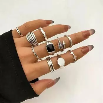 12Pcs/Set Punk Square Heart Black Rhinestone Knuckle Rings Set for Men Women Trendy Geometric Silver Plated Ring Jewelry Gifts 1
