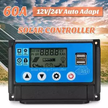 12V / 24V 60A Solar Charge Controller Automatic Adapt LCD Display USB Ports 125*85*30mm