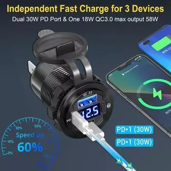 12 В быстрая зарядка 3.0 USB C автомобильное зарядное гнездо двойное PD и QC3.0 USB быстрая зарядка розетка с подсветкой и переключателем вольтметра