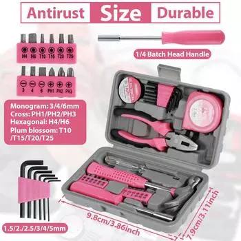 13/24Pcs Household Repair Tool Kit Multi-Purpose Pink Home Hand Tool Set Hammer and Allen Key with Electrical Tape Screwdriver