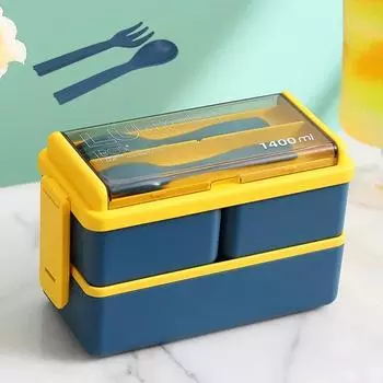 1400ml Double Layer Lunch Box with Fork and Spoon Portable School Office Bento Lunch Box High Capacity Microwae Food Containers