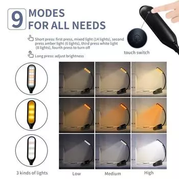 14 LED Book Light USB Rechargeable Reading Light 3-Level Warm Cool White Daylight Portable Flexible Easy Clip Night Reading Lamp