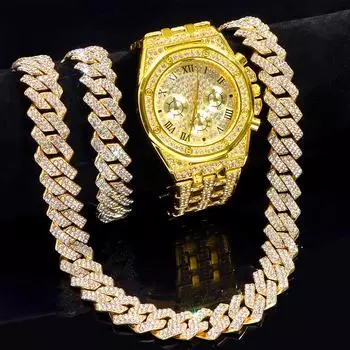14 мм ожерелье + часы + браслет Iced Out часы для мужчин 2 ряда горный хрусталь кубинская цепочка ожерелье набор женщин мужчин хип-хоп ювелирные изделия подарок width 14MM&8in and 16in