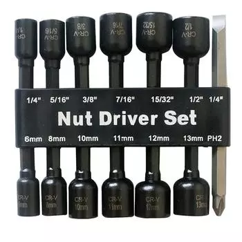 14 Pcs Power Magnetic Nut Driver Drill Bit Set Metric & SAE Socket Wrench & Screw 1/4 Inch Dr. Hex