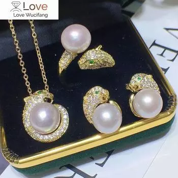 14k Gold Leopard Pearl Diamond Jewelry Set 925 Sterling Silver Wedding Rings Earrings Collar For Women Mens Помолвочные украшения 45cm