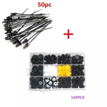 150 Pcs Plastic Mixed Size Car Door Panels Bumper Clip +50 Pcs Fastener Tie Wrap