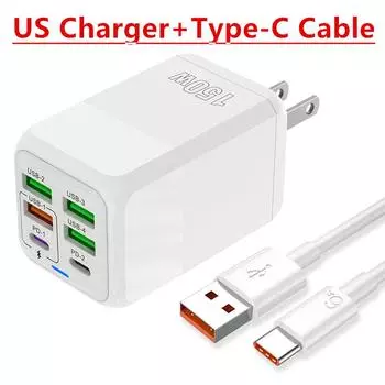 150 Вт 6 портов Pd QC 4.0 Usb C быстрое зарядное устройство настенный адаптер супер быстрая зарядка для iPhone Samsung Ipad Xiaomi Oneplus Oppo US WHITE and Cable
