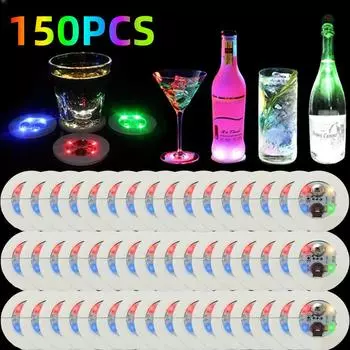 150Pcs Luminous Coaster Stickers LED Bar Drinks Cup Pad Wine Liquor Bottles Coaster Atmosphere Light Cup Sticker Light-emitting 6cm