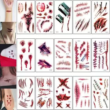 15 шт./компл., наклейки для татуировок на Хэллоуин, отпечатки пальцев крови, паук, летучая мышь, шовные наклейки на шрамы, сделай сам, украшения для Хэллоуина, товары для вечеринок