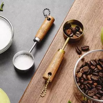 15ml Stainless Steel Measure Spoon With Wood Handle Flat Bottom Rustproof Measuring Cup Portable Hangable Kitchen Measure Tools