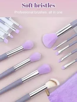 15pc Portable Purple Makeup Brush Set with 2pcs Triangle Sponges, Including Powder Brush, Blush Brush, Eyeshadow Brush фиолетовый