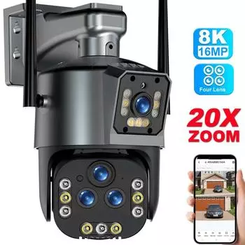 16MP 8K Wi-Fi IP-камера с 20-кратным зумом, четырьмя объективами, уличная беспроводная камера безопасности PTZ 360, защита умного дома, камеры видеонаблюдения, Wi-Fi