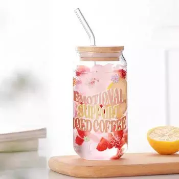 16oz “Emotional Support” Sublimation Glass Can With Bamboo Lids&Straw Coffee Cup Juice Glass Bottle Summer Winter Drinkware 401-500ml