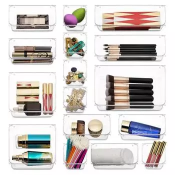 16Pcs Clear Drawer Storage Plastic Stackable Drawer Trays Anti-Slip Dividers Organizers for Bathroom Vanity Makeup Utensil Kitchen