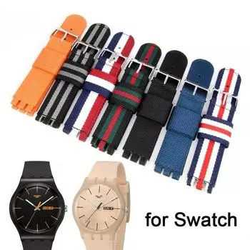 17 мм 19 мм 20 мм тканевый нейлоновый ремешок для часов для браслета SWATCH, сменный браслет для женщин и мужчин, спортивные аксессуары для часов, ремешок 17mm чёрный/серебряный