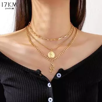 17KM 1 Set Three Piece Set of Gold Ins High-End Coin Portrait Snake Necklace, Personalized and Exquisite Temperament Women s Necklace