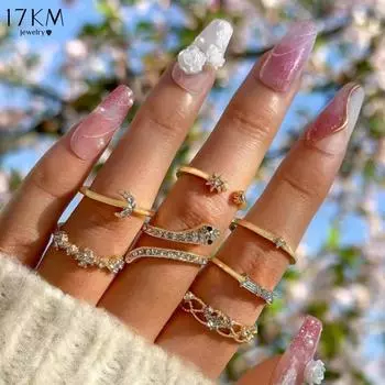17KM 7PCS Boho Knuckle Stacking Rings Set Gifts for Women Teen Girls Dainty Gold Zircon Crystal Moon Snake Joint Knot Mid Ring золотой